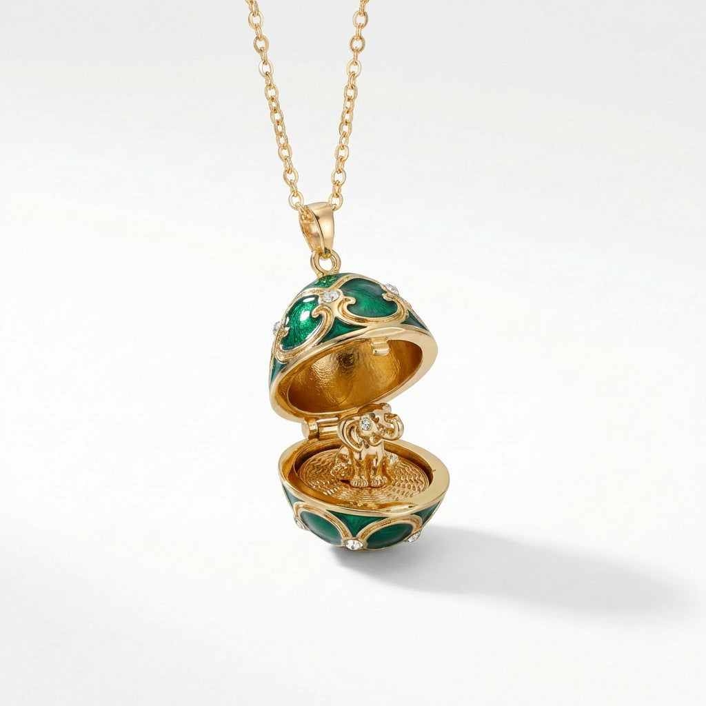 Enameled Egg Pendant Necklace - Dark Green Locket Egg (Elephant Inside) [NBAA6TM1]