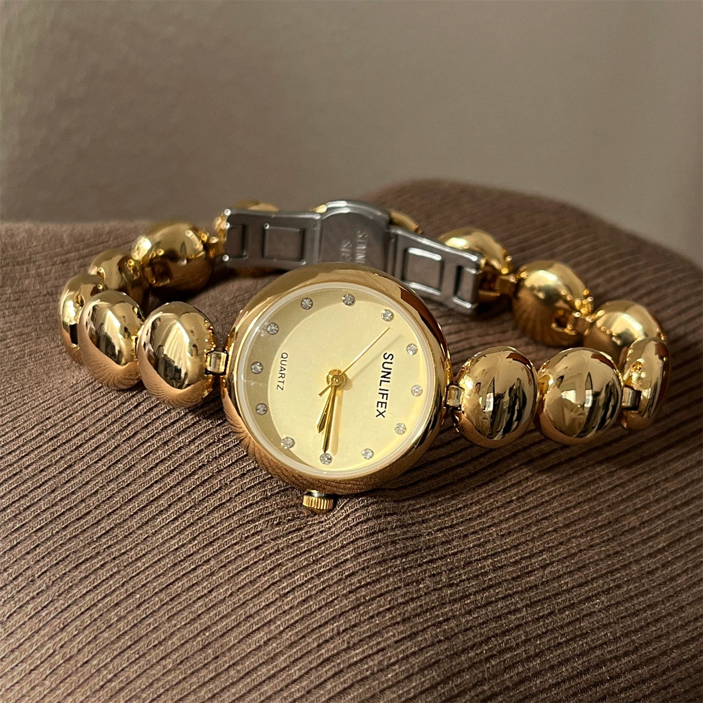 Small Dial Gold Bead Bracelet Watch - Gold Band with Gold Dial [VIMT5J76]