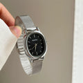 Oval Vintage Leather Strap Watch - Silver Strap Black Face (Oval Wire Mesh) [GI6THE23]