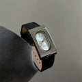 Vintage Square Leather Watch - Black Strap Silver Case White Face (Steel) [4JHUYRK3]