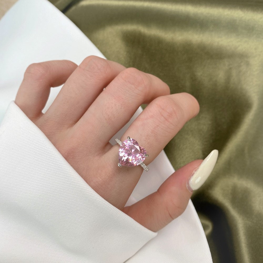 Heart Cut Pink Crystal 925 Sterling Silver Ring