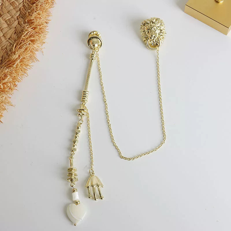 Vintage Lion Pearl Chain Brooch - Gold Chain Brooch [S14WUTL3]