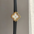 Mother-of-Pearl Clover Watch - Black Strap, Gold Case, White Dial [UMNSSFXM]