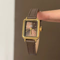 Vintage Square Leather Strap Watch - Light Coffee Gold Frame Coffee Dial / Smooth [G0XH35UD]