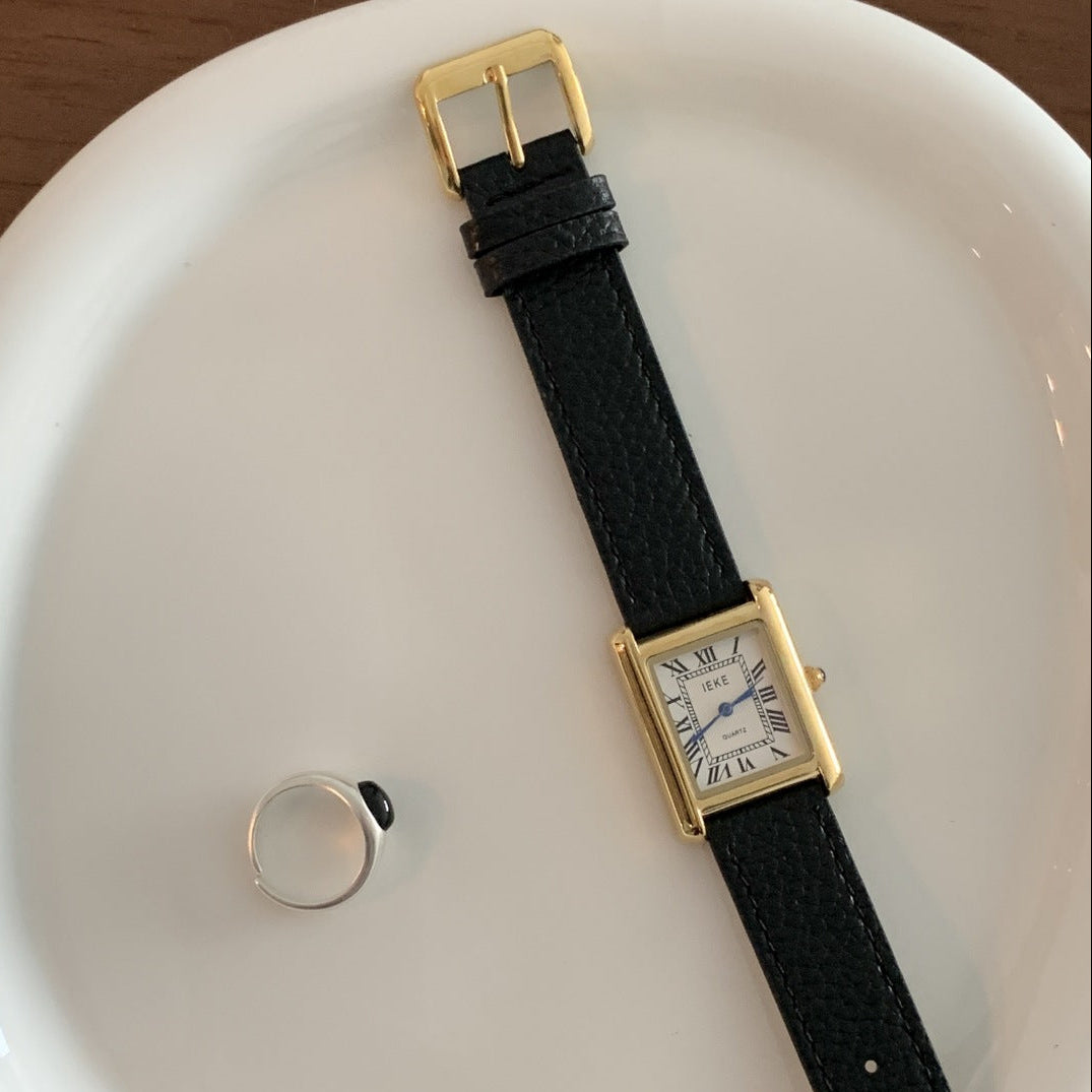 Mirabel Rectangular Leather Watch - Orange-Brown Strap Gold Frame White Dial [9G8ZTGH1]