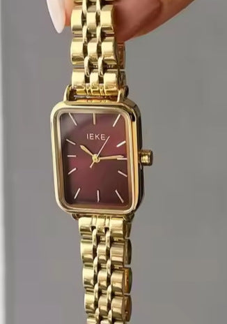 Liba Snakehead Quartz Watch - IEKE Rectangular Bar Studs Red Dial Gold Steel Band [I04LKWXA]