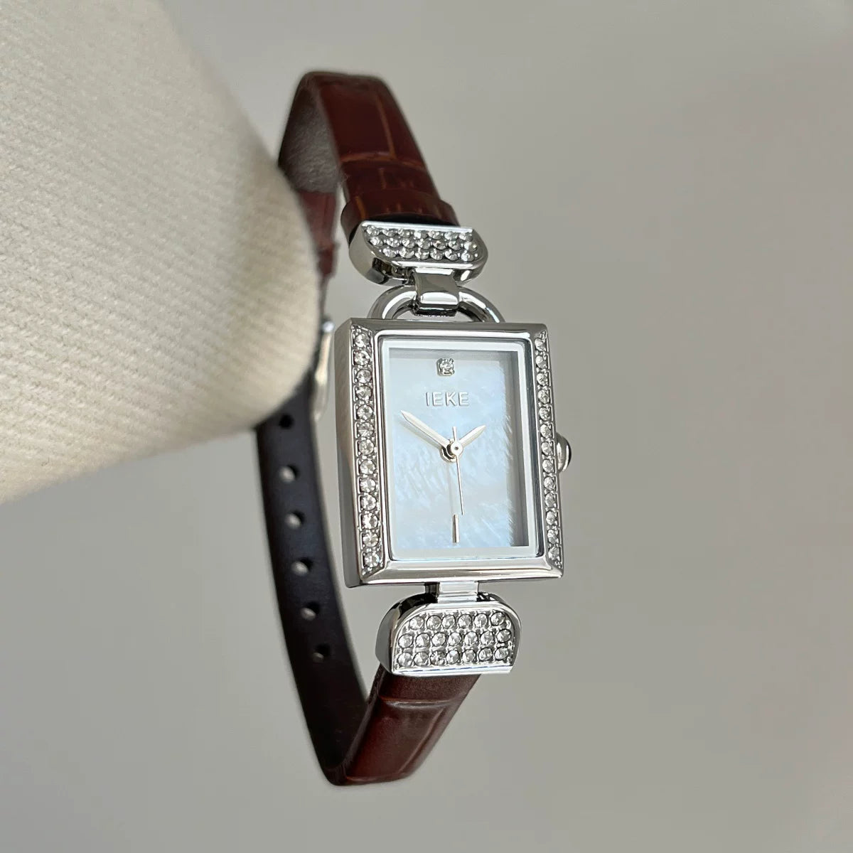 Square Case Leather Strap Watch - Coffee Strap Silver Case White Dial [3CNUFTPJ]