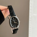 Oval Vintage Leather Strap Watch - Black Strap Silver Frame Black Face (Leather) [NRNV9LQB]