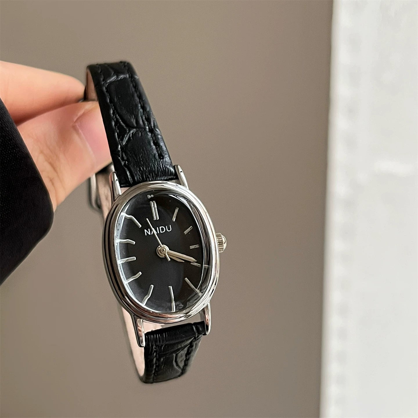 Oval Vintage Leather Strap Watch - Black Strap Silver Frame Black Face (Leather) [NRNV9LQB]