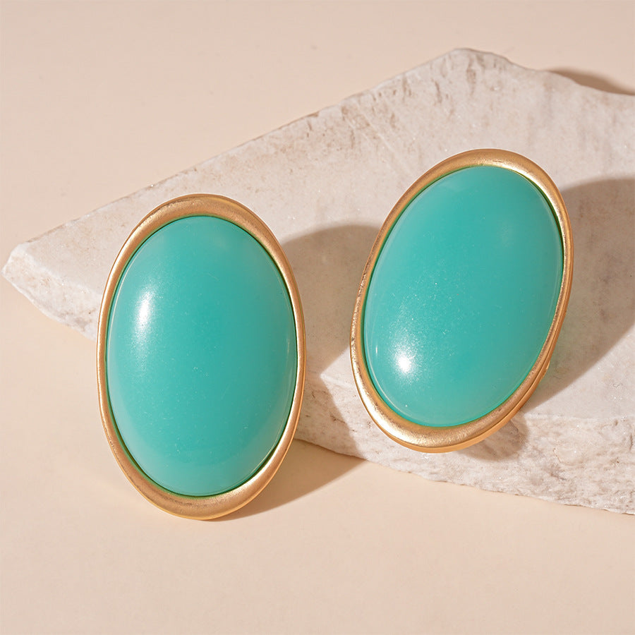 Margaret Retro Oval Drop Earrings - Silver Post - Blue Resin Oval Earrings [5Z52FY2M]