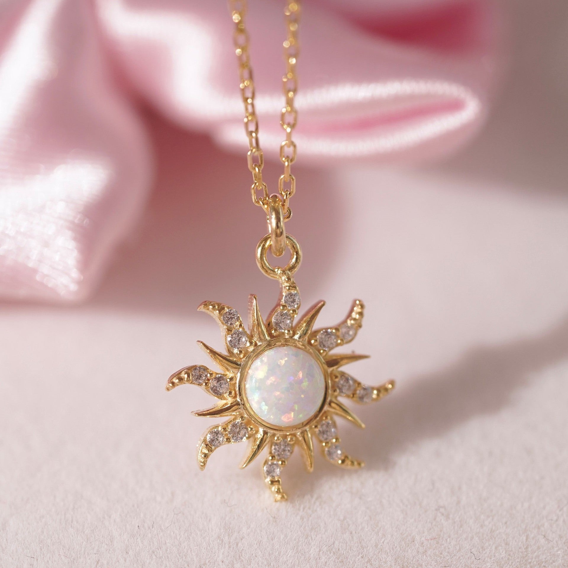 Aariyah Opal Zirconia Pendant Necklace - White Opal Necklace (Gold) [SET83Z34]