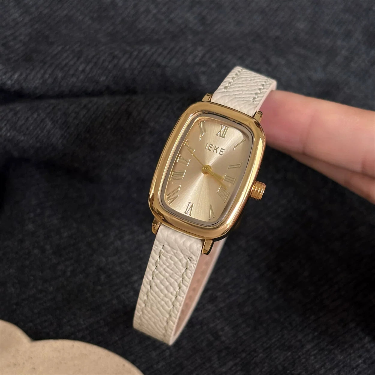Vintage Square Dial Leather Watch - White Strap Gold Face [RO83IFWB]