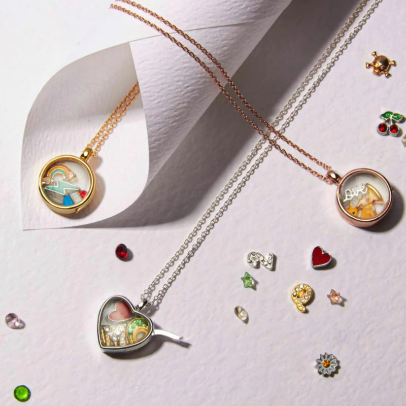 Rheya Floating Charm Locket Necklace - Steel Heart Glass Locket Necklace [DHZIGT35]