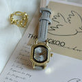 Vintage Square Dial Leather Watch - Grey Strap Gold Frame White Dial [165LREGT]