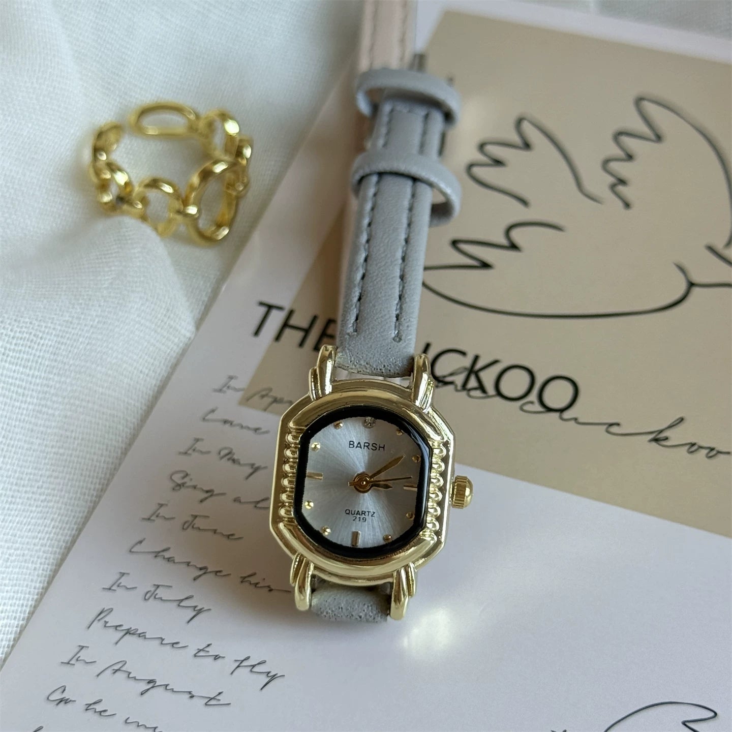 Vintage Square Dial Leather Watch - Grey Strap Gold Frame White Dial [165LREGT]