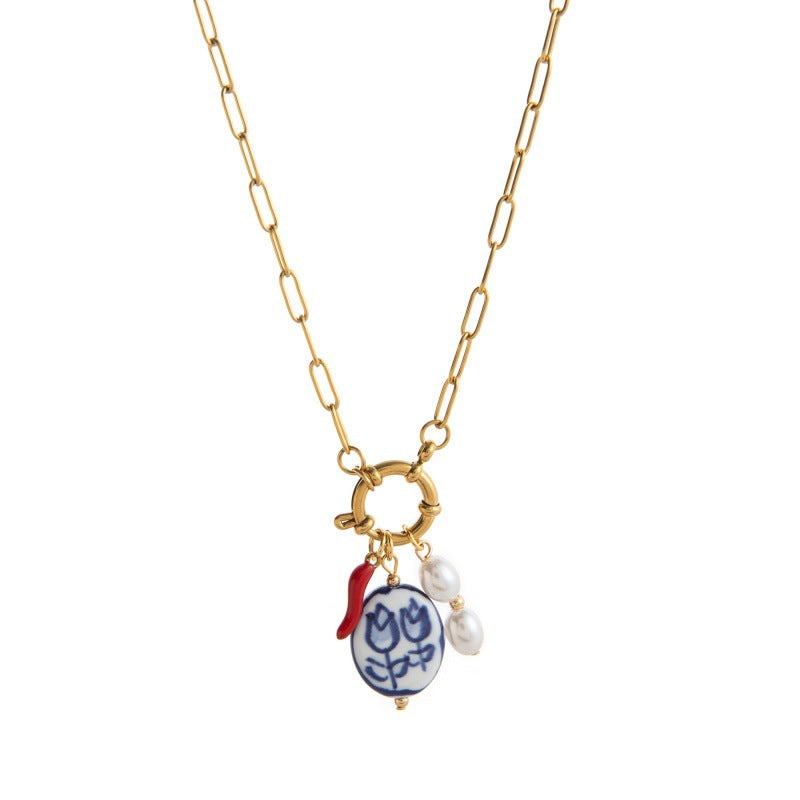 Dainty Charm Pendant Necklace - Chili Enamel Flower Necklace [G12ZD22B]