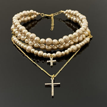 Serena Layered Rice Pearl Necklace with Cross Charm