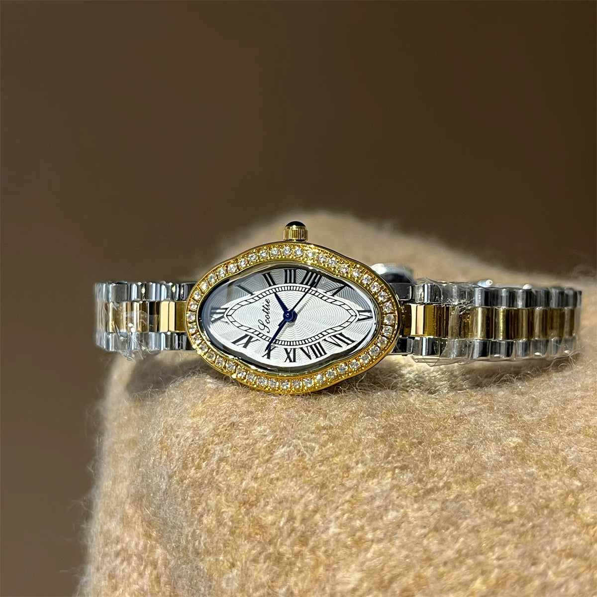 Oval Crystal Embellished Bracelet Watch - Two-Tone Band White Face (9770 Irregular) [FTNI2LFF]