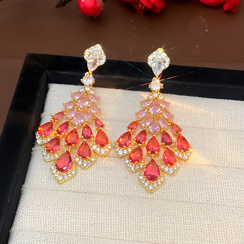Maelee Zircon Feather Drop Earrings - Silver Post Gold Red [CMVENJKM]