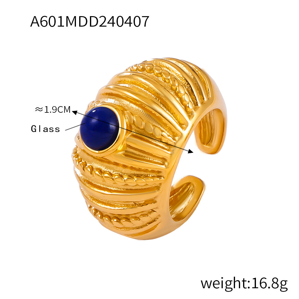 Hallee Geometric Inlay Ring - Gold Blue Glass Ring [P78J9634]