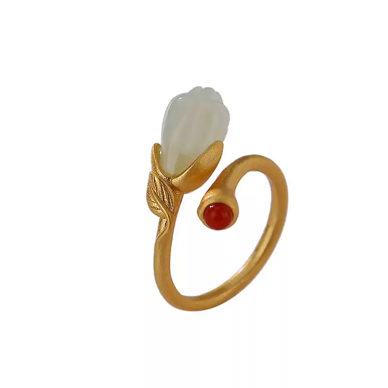 Hetian Jade and Red Agate Floral Open Ring