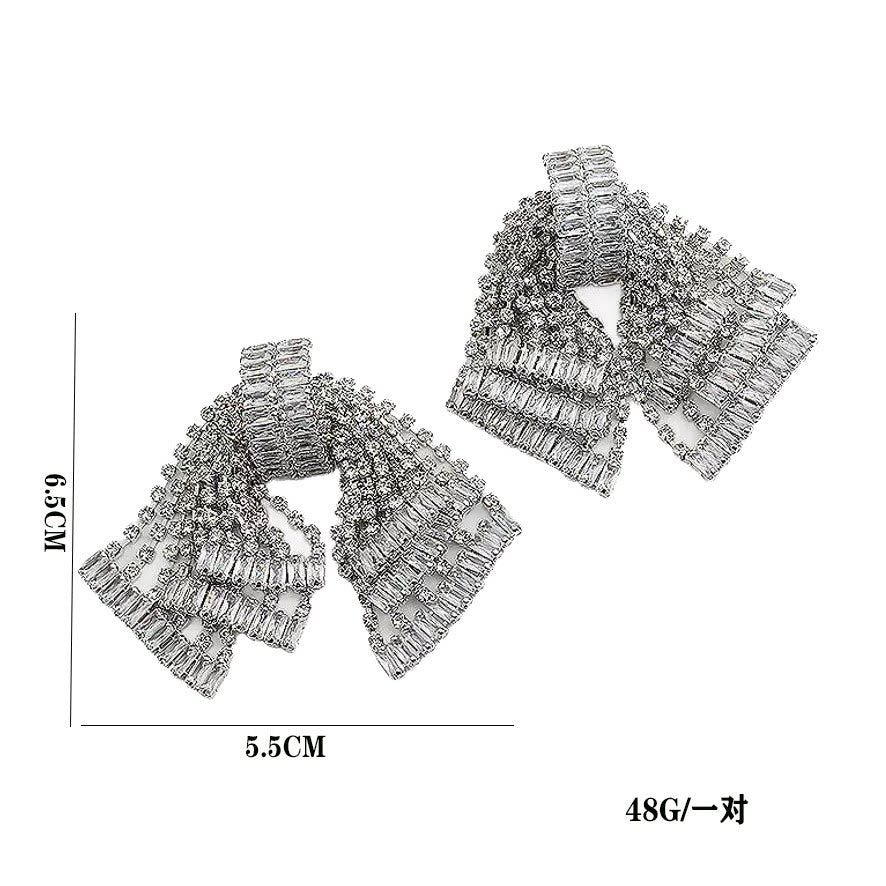 Rhinestone Bow Tassel Drop Earrings - Silver Clip-on Earrings [BZCJW65L]