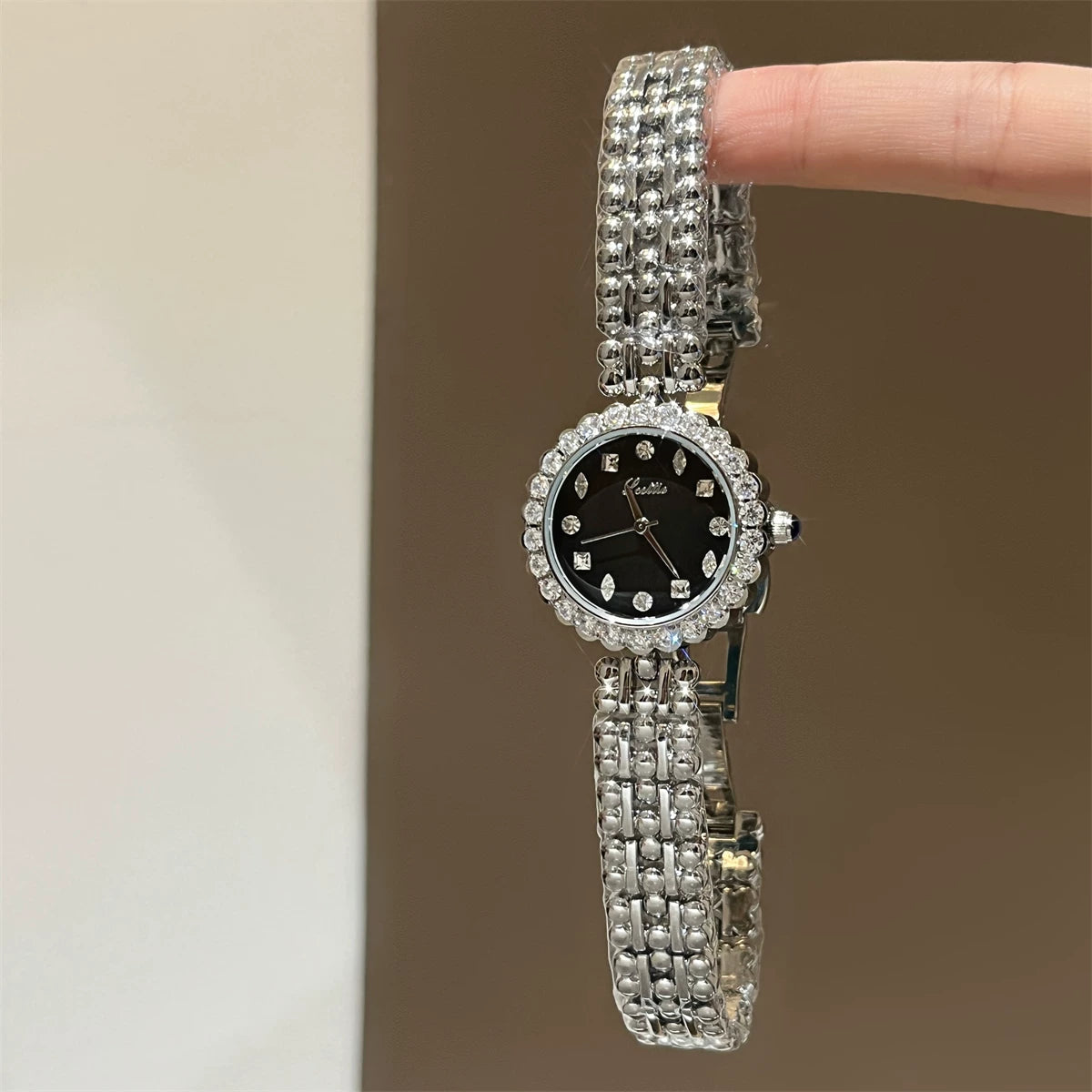 Floral Mother-of-Pearl Bracelet Watch - Silver with Black Dial (Full Sparkle Floral) [HAS4476G]
