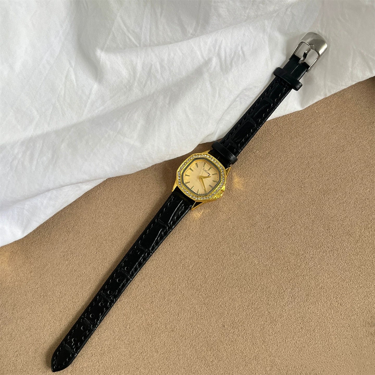 Vintage Polygonal Small Dial Watch - Black Strap Gold Case Gold Dial [3DIC0XP5]