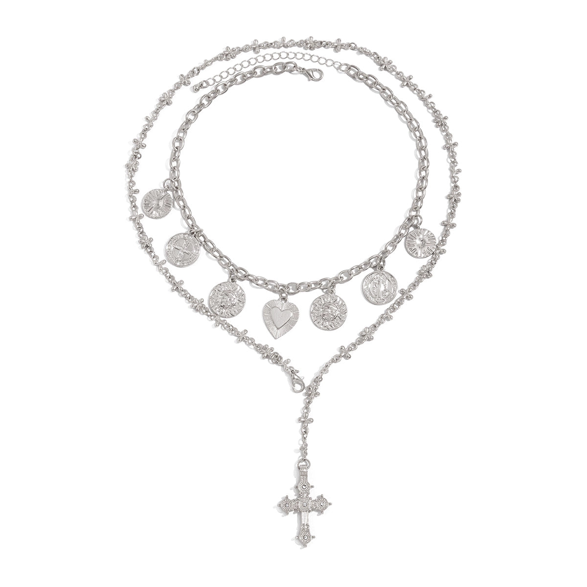 Alexia Layered Heart Cross Necklace - Silver