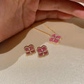Pink Clover Pendant Necklace - Double-Sided Rose Pink Stud Earrings (Pair) [9Q6EHNJT]