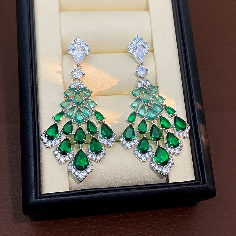 Maelee Zircon Feather Drop Earrings - Silver Post Silver Green [RA6HG1VJ]