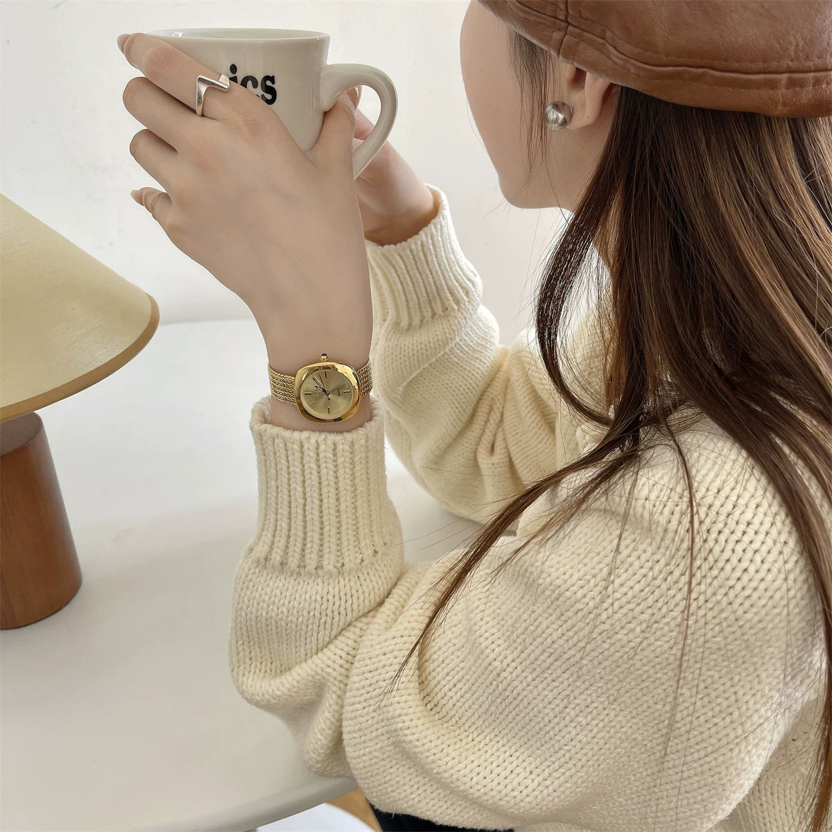 Vintage Square Bracelet Watch - Gold Band Gold Dial (Wheat Chain) [SVJ9LTLZ]
