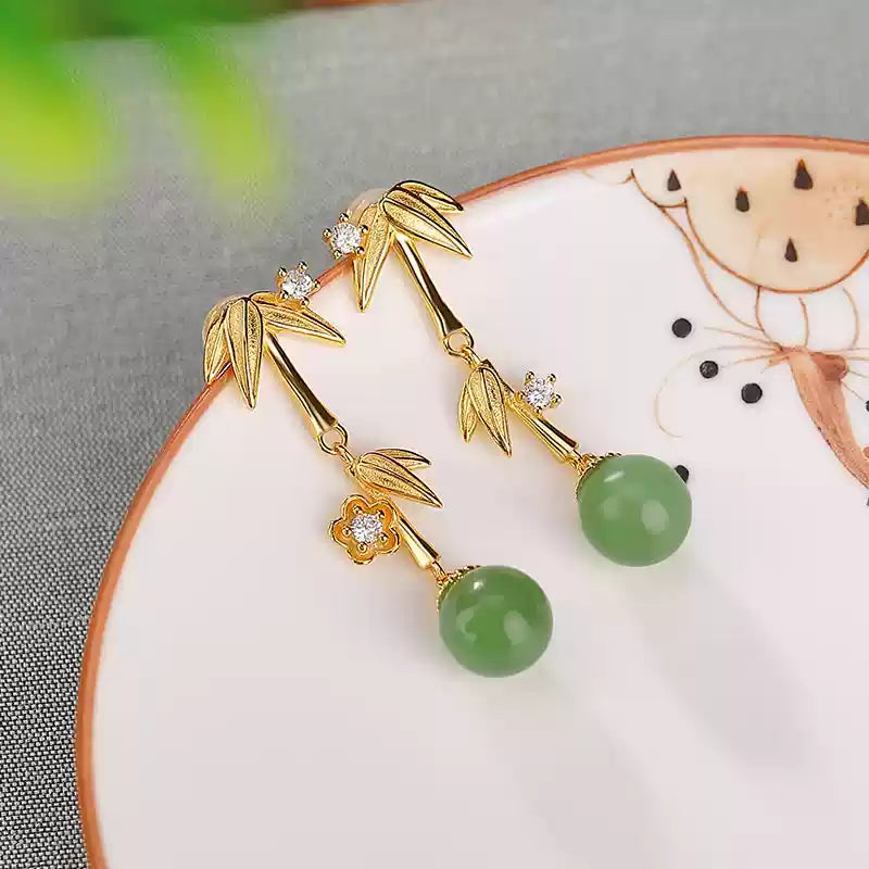 Jade Drop Bamboo Leaf Earrings