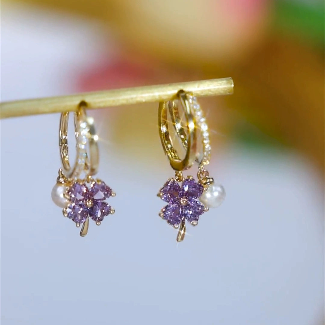 Zelda Purple Clover Pearl Earrings - Purple