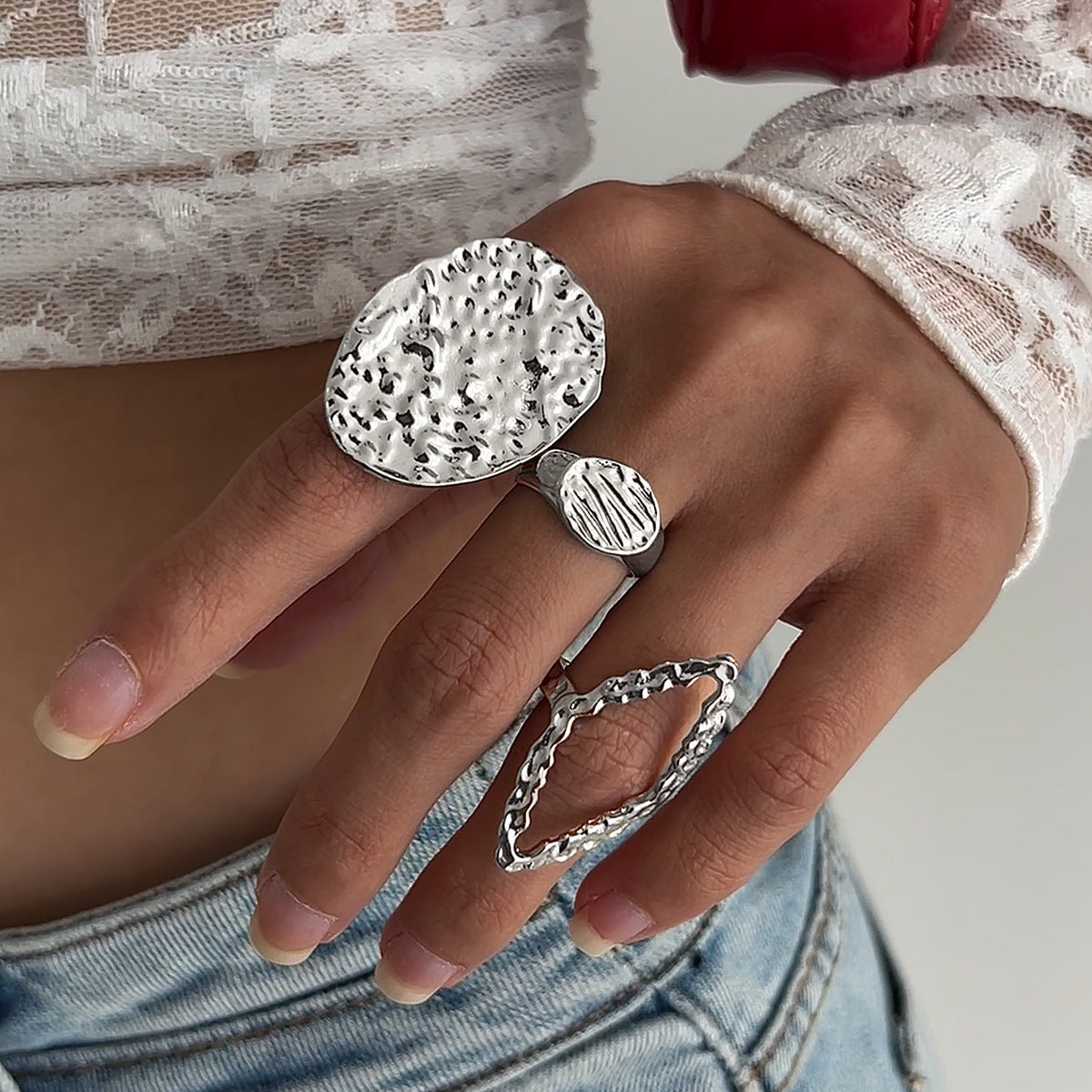 Dezire Folded Geometric Ring Set - Silver Three-Piece Set [IX4R5EBX]