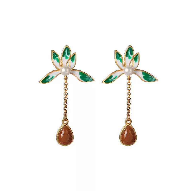 Green Leaf Enamel and Carnelian Drop Earrings