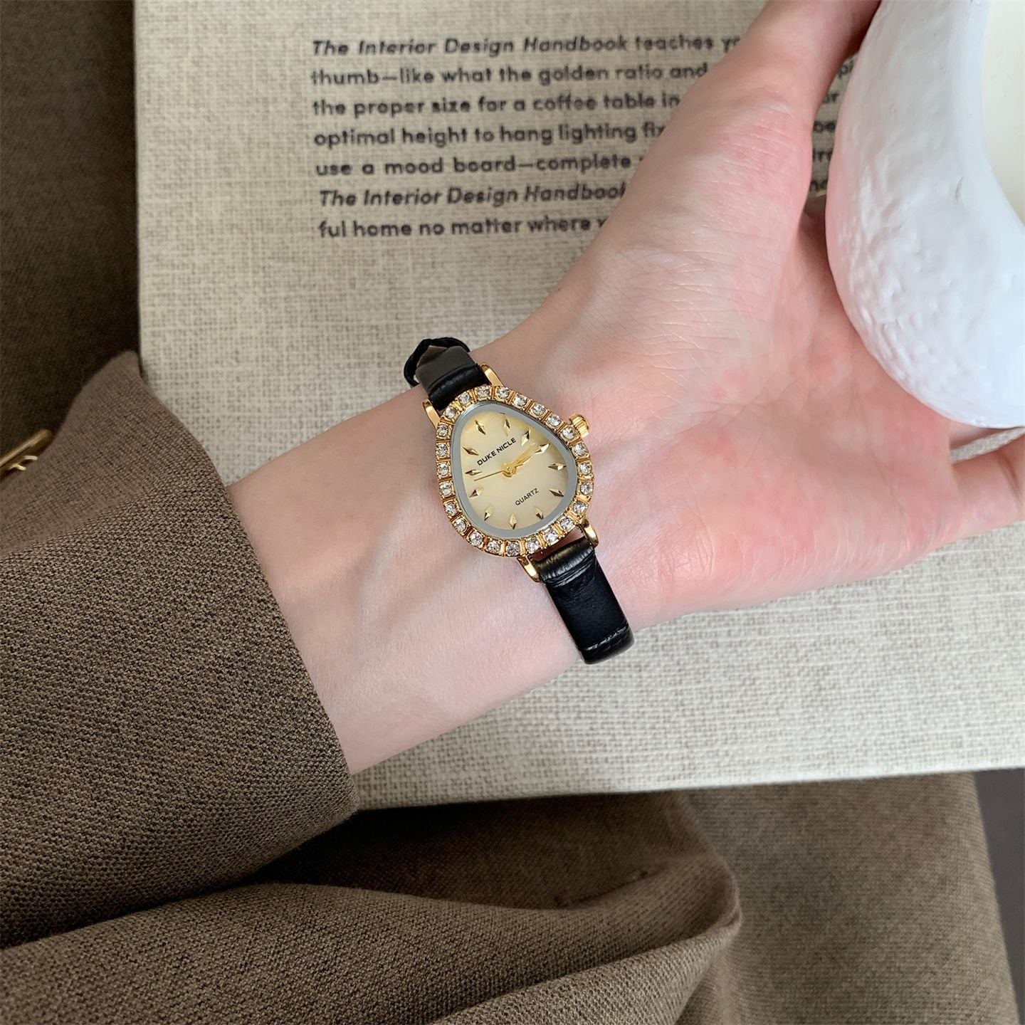 Crimson Snakehead Rhinestone Watch - Black Strap, Gold Frame, Gold Dial [R8QJVHV4]