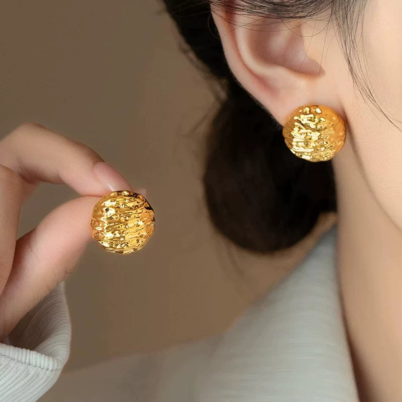 Textured Gold Stud Earrings - Textured Gold Circular Studs [HAS2DV01]
