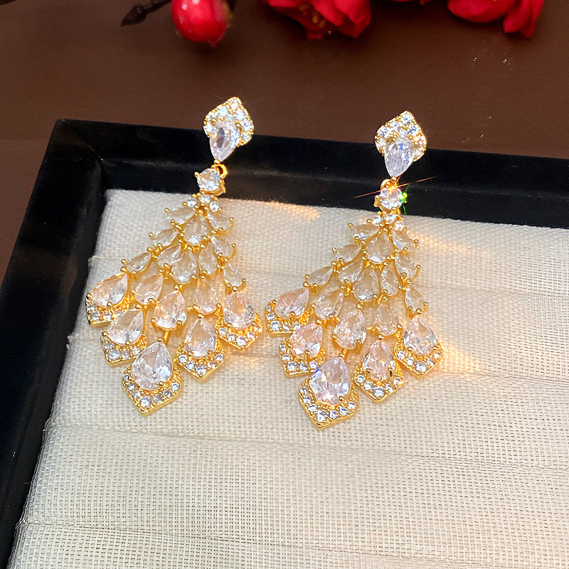 Maelee Zircon Feather Drop Earrings - Silver Post Gold White [FCGYREQL]