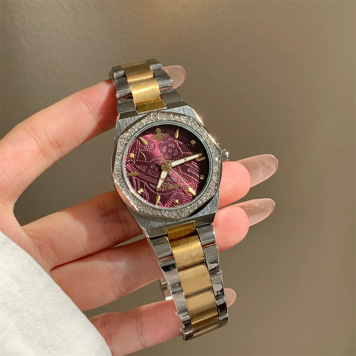 Embossed Dial Bracelet Watch - Two-Tone Band Plum Purple Dial [VFVN2LRO]