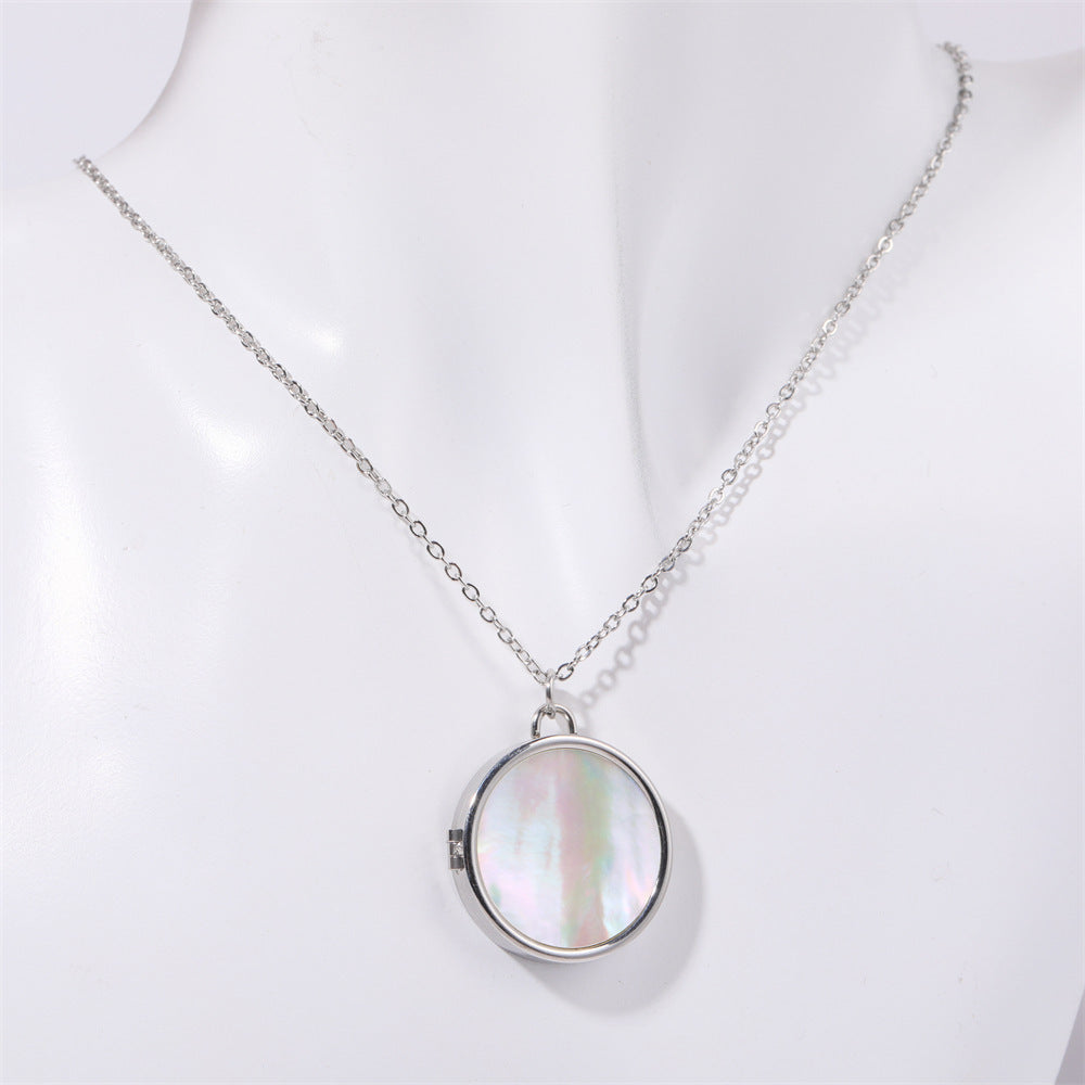 Mother of Pearl Locket Necklace - Silver Mother of Pearl - Round [THN3T9LM]