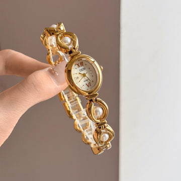 Vintage Inspired Jewelry Bracelet Watch - Pearl Chain Gold Watch [LMWHBNBG]