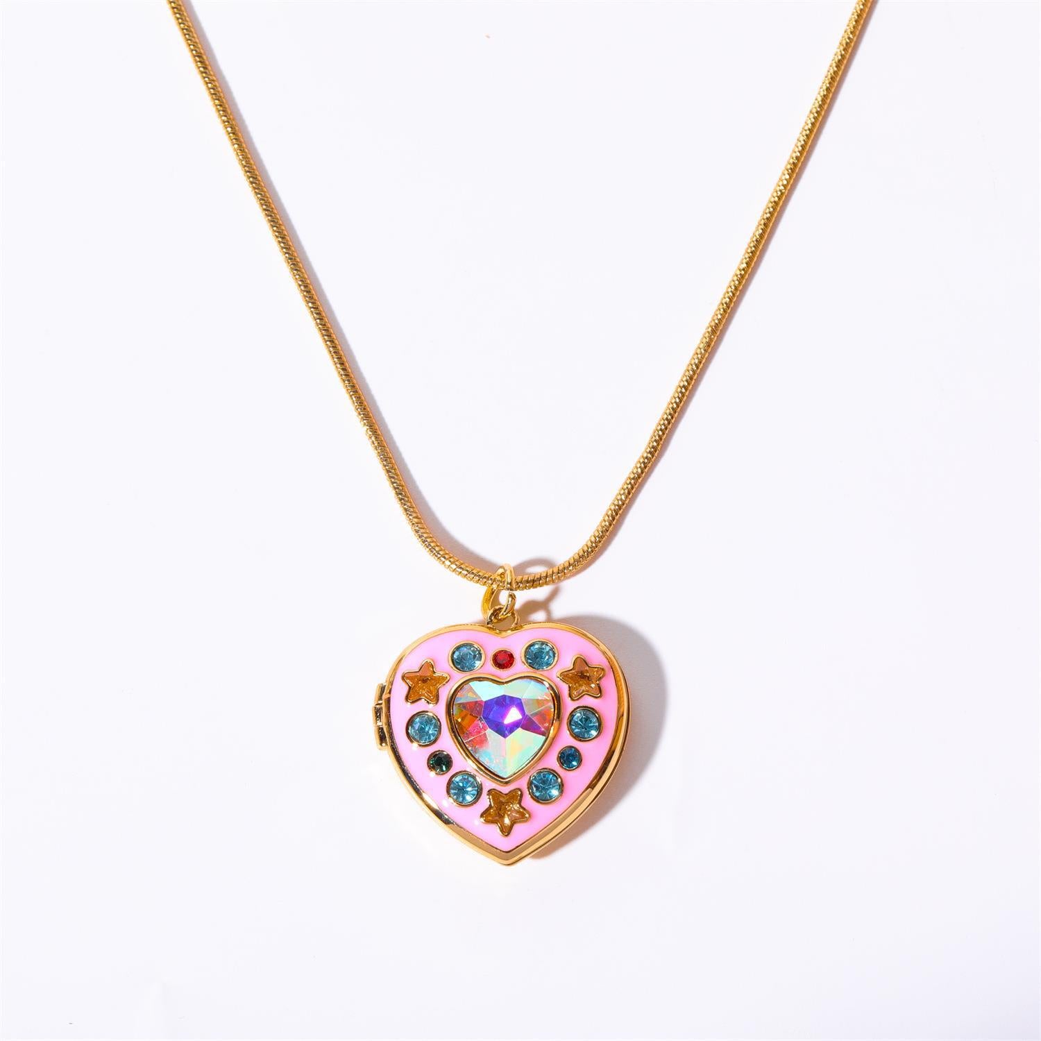 Heart Locket Pendant Necklace - Pink Heart - Round Snake Chain [22A2X3B8]