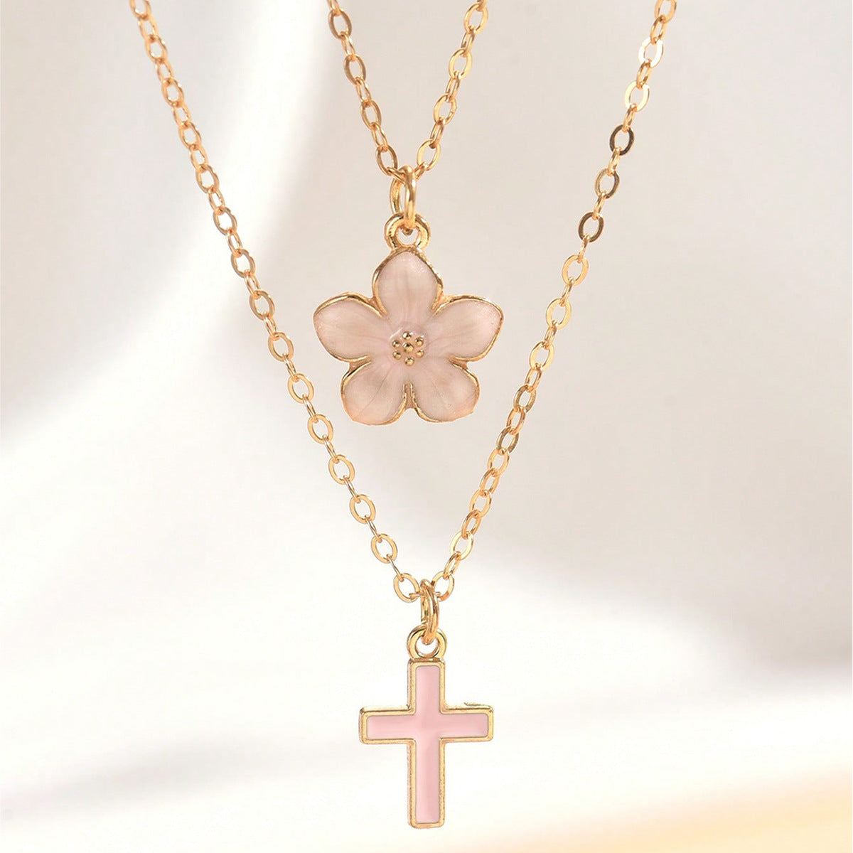 Leilah Bloom Cross Necklace - Pink Cross Flower Necklace [8E829BSK]