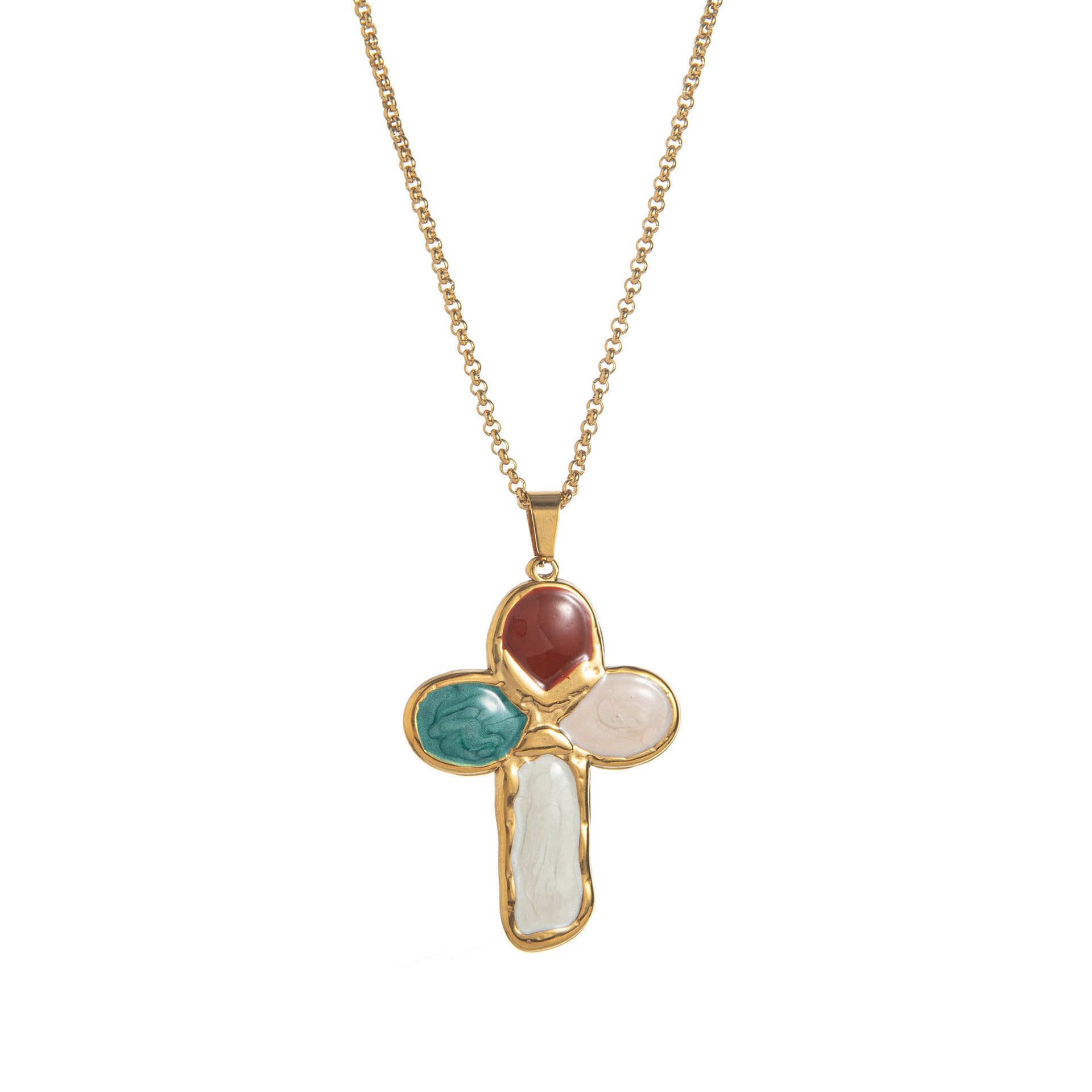 Pebble Cross Pendant Necklace - Multicolor - O-chain - 55cm [M3XEZQYN]