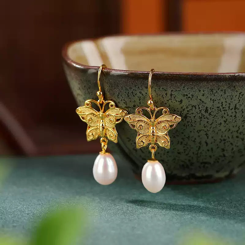 Butterfly Pearl Drop Earrings