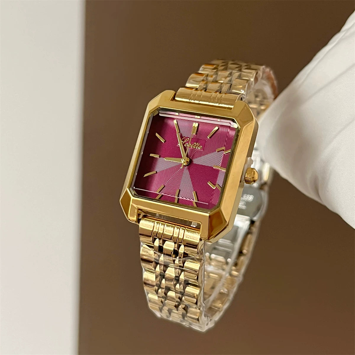 Square Case Minimalist Wrist Watch - Gold Band Red Dial (Steel) [F14NS8TO]