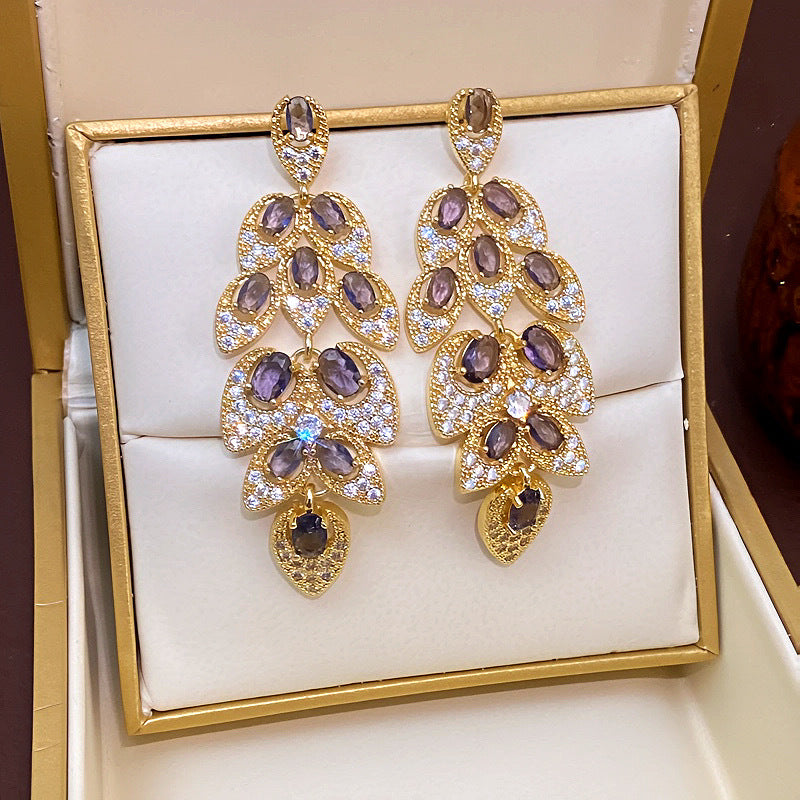Avangeline Zircon Leaf Earrings - Gold-Purple [4QC70Z0J]