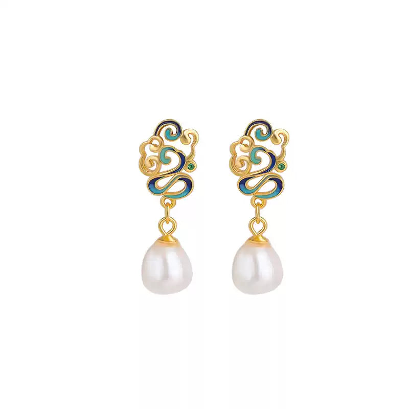 Enamel Wave Pearl Drop Earrings