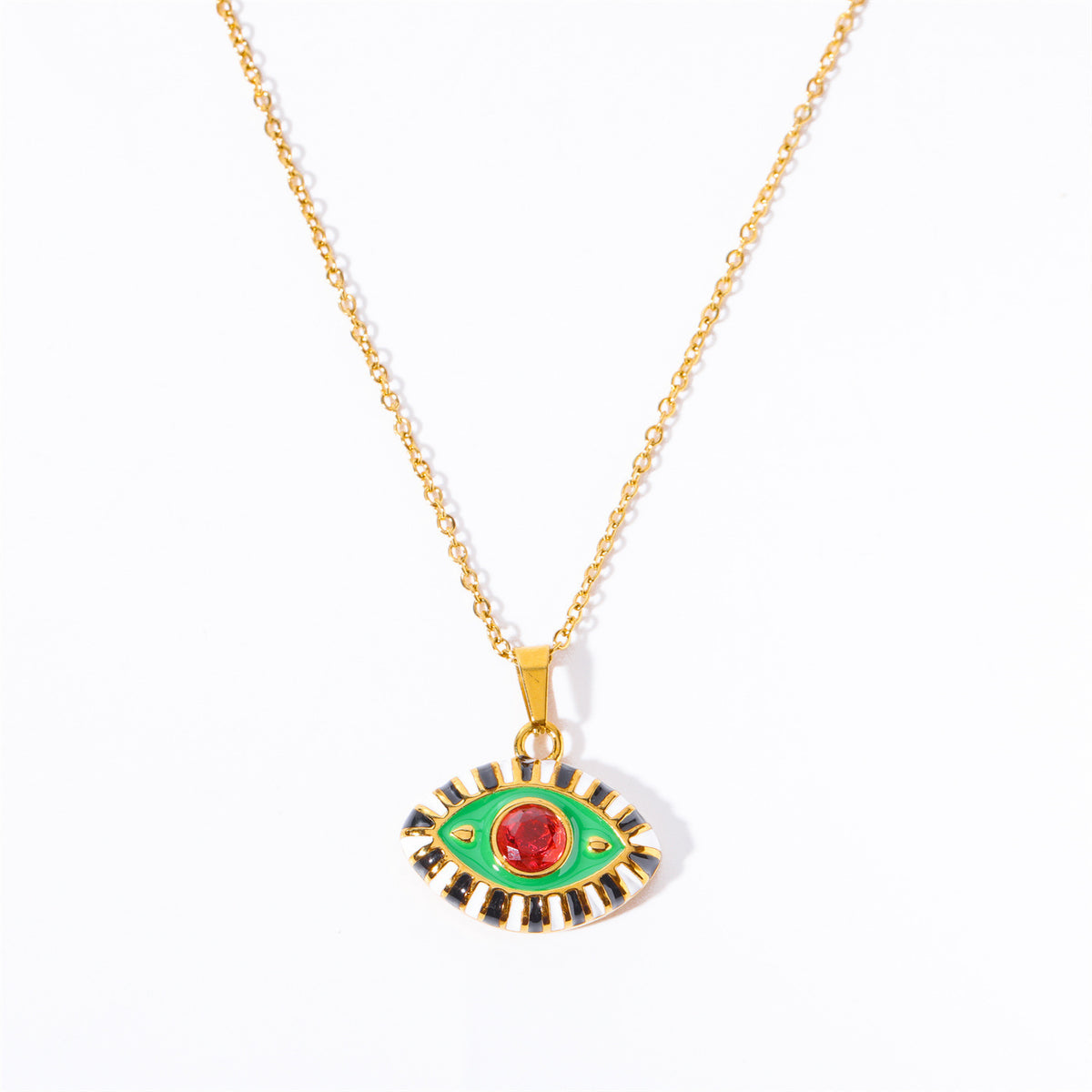 Evil Eye Pendant Necklace - Green Eye - Red Zircon - Black & White Border [HK43IV9R]